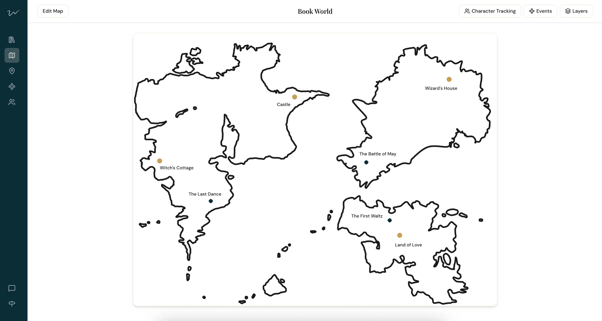 Book World map in Wrender, with locations and events placed on a line drawing